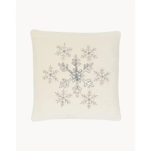 Copricuscino Ricamata In Velluto Bianco Crema Con Bordino Snowflake