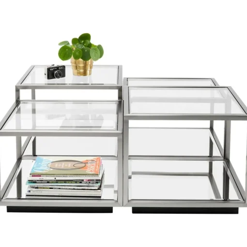 Set 4 Tavolini Da Salotto Con Piano In Vetro A Specchio Luigi