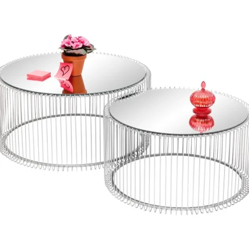 Set 2 Tavolini Da Salotto Con Piano In Vetro Wire