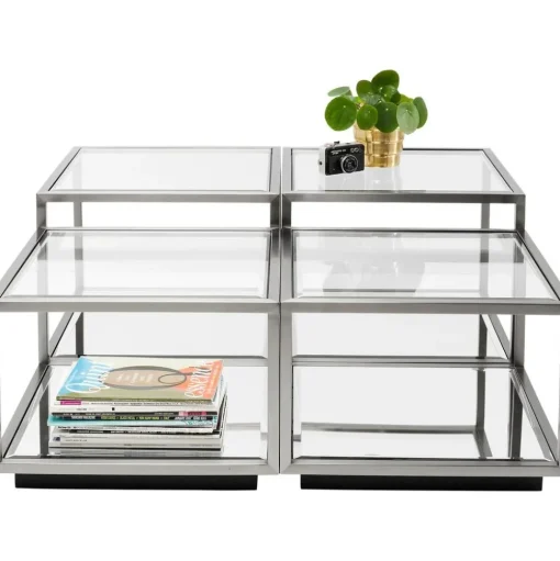 Set 4 Tavolini Da Salotto Con Piano In Vetro A Specchio Luigi