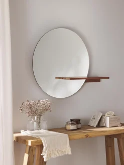 Specchio Rotondo Da Parete Con Mensola In Legno Sandro
