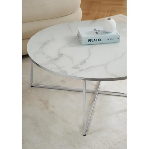 Tavolino Rotondo Xl Da Salotto Con Piano In Vetro Effetto Marmo Antigua
