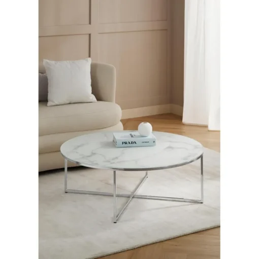 Tavolino Rotondo Xl Da Salotto Con Piano In Vetro Effetto Marmo Antigua